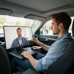 wide angle of a man having a zoom meeting in the car passenger seat