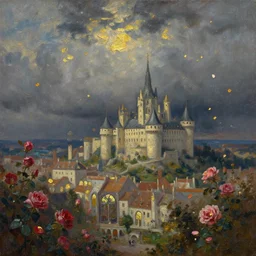 breathtaking oil painting of a medieval city landscape in luxurious nature, with moody dark tumultuous clouds, palette knife, at dawn with roses and golden petals flying, art nouveau castle, rembrandt style, concept art, matte, palette knife painting, by georgia hart and osnat fine art,