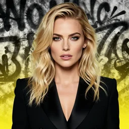 highly detailed closeup portrait of beautiful portia doubleday, blonde wavy hair, angela moss, black suit by atey ghailan, by greg rutkowski, by greg tocchini, by james gilleard, by joe fenton, by kaethe butcher, gradient yellow, black and white color scheme, grunge aesthetic!!! ( ( graffiti tag wall background ) )