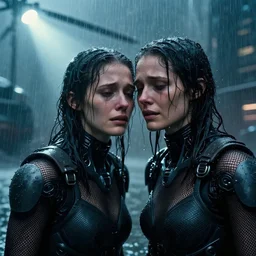 cinestill 5 0 d candid photographic portrait by stanley kubrick of two loving female androids sobbing wearing rugged black mesh techwear in treacherous city waters, medium closeup, retrofuturism cyberpunk moody emotional cinematic, pouring iridescent rain bright spotlight helicopter, 8 k, hd, high resolution, 3 5 mm, f / 3 2, ultra realistic faces, ex machina