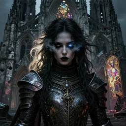 beautiful and gothic and victorian and evil and dieselpunk medieval female black knight portrait + smoky eyes + front face with light flowing hair, ultradetail face, ruined gothic cathedral, art and illustration by tian zi and and wlop and alphonse mucha, ssci - fi, fantasy, neon lights reflect, intricate complexity, fantasy character concept, watermark, blurry, hyperrealism 8 k