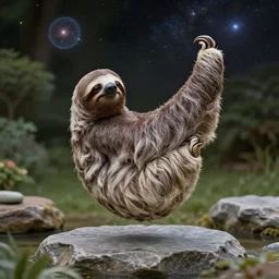 a photograph of a sloth levitating while meditating in a zen rock garden, nature photography, highly detailed, intricate details, sharp focus, celestial