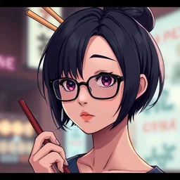 cute anime girl with short black hair and glasses, chopsticks in hairbun. stylized, beautiful lineart, depth focus, rankings pixiv, artstation, soft lighting, srgb, 4 k artstation, cinematic, by kadokawa, nitroplus, ilya kuvshinov, ross tran, leyendecker, wlop guweiz
