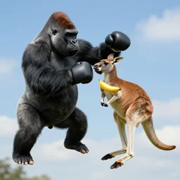 gorilla and kangaroo boxing, on a flying banana in the sky, high quality, highly detailed, photorealistic,