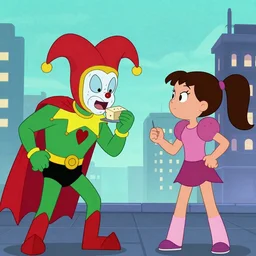 a jester themed super villain who has vowed to force everyone to eat tofu and calls himself the toffool facing off against the hero of the city in the style of 2019 dc super hero girls by lauren faust on cartoon network