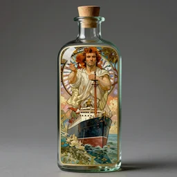 a ship in a bottle but instead of a ship it is jack nicholson in the bottle, painting by alphonse mucha and artgerm and greg rutkowski