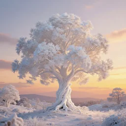 an enchanted white shimmering iridescent tree in the middle of a stunning fantasy landscape during sunset, golden hour, soft illumination, by daniel conway, daniel jean - baptiste and andreas rocha, highly detailed, fantasy, concept art, trending on artstation, matte painting, sharp focus, beautiful