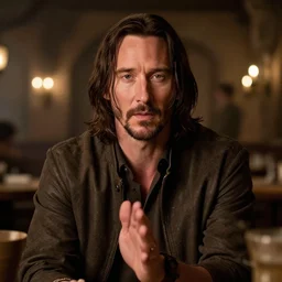 keanu reeves as a dnd character in a fantasy tavern, closeup portrait, by donato giancola, symmetry!!