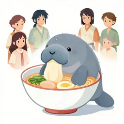 a manatee taking a bath in a ramen bowl, clean cel shaded vector art. shutterstock. behance hd by lois van baarle, artgerm, helen huang, by makoto shinkai and ilya kuvshinov, rossdraws, illustration,