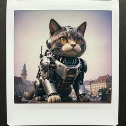 giant oversized cat as cat cyborg, in legnica, full body, cinematic focus, polaroid photo, vintage, neutral dull colors, soft lights, foggy mist, by oleg oprisco, by thomas peschak, by animal planet, by gregory crewdson