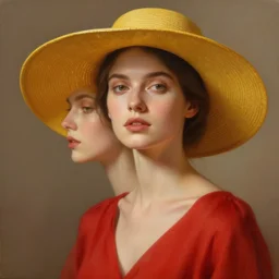 minimalist oil matte painting, woman with a red dress and mustard yellow summer hat, detailed faces, wonderful masterpiece highly detailed, beautiful cinematic light deep focus, elegant, smooth, sharp focus, golden ratio, dramatic illumination, ultra realistic, 8 k, art by kristina alisauskaite