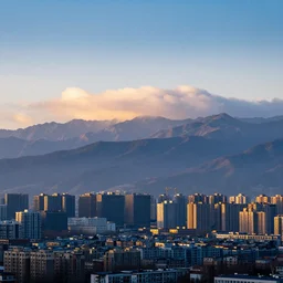 landscape photography, metorpolitan city behind mountains, cold lighting, morning hour, mountains, clouds, beautiful, kodachrome, 4 k, hd