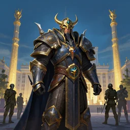 kyiv in style of world of warcraft stormwind, kyiv, ukraine, maidan, independence square, khreschatyk, alliance, army of light, illustration in style of darek zabrocki, noah bradley, cinematic