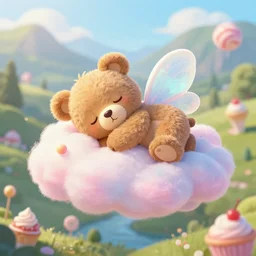 a beautiful digital matte painting of an adorable teddy bear with fairy wings sleeping on a cloud of cotton candy, surrounded by candy and desserts, bright natural morning light, mountains river trees, pastel color palette, by andreas rocha and jeremiah ketner