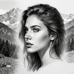 tattoo design sketch of a beautiful woman face faded in a background of beautiful mountains and nature on her side, hyper - realistic, in the style of den yakovlev, amazing detail, black and white