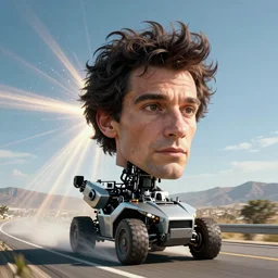 Giant head of David Copperfield, dark hair, heavy eyebrows, on the top of a robotic vehicle with wheels running on a californian highway, rays of light, particles light, kuvshinov ilya, unreal engine, by sasha kalinkin