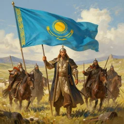 Kazakh Khanate, medieval fantasy, landscape painting, digital painting, beautiful, Turkic flag, warriors
