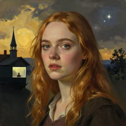 Elle Fanning in the painted world of Portrait of a Lady on Fire, head and shoulders masterpiece, apocalypse, golden hour, cosmic horror, artstation, in the style of Andrew Wyeth and Edward Hopper and Bosch, extremely detailed