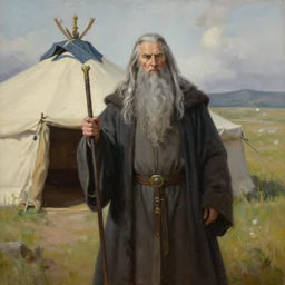 oil painting of gandalf in front of a nomadic tent