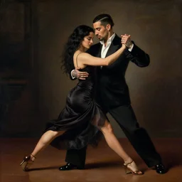 rosalia and bad bunny dancing the tango painted by old masters, dramatic, moody