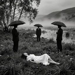 woman with white dress lying down in the grass, surounded by 3 man black suit with umbrella in highlands curvy horizon birches grassy foggy flooded swamp dark atmospheric scary ambient vibe very detailed black and white by ansel andams, sebastiao salgado
