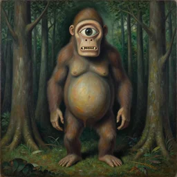 a painting of a hominid with a hand face with a centered eye, mouth with sharp teeth centered on the belly, legs that melt into a foresthighly detailed, 4 k, art by max ernst