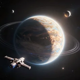 a trisolaris system with only one planet, starship going away from planet, sci-fi, iper realistic, glow, space, cixin liu style