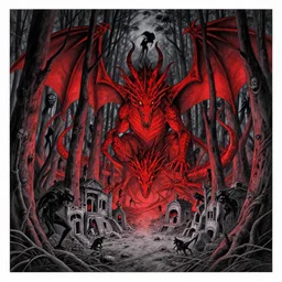 a landscape of a forest at hell by takeshi obata and mike mignola, hell, dragons!!, red and black!!, colored!!, abandoned buildings, forest, trees with faces!!, small demons!!, shadows screaming!!, night sky, highly detailed, cgsociety, artstation, pencil and ink, very detailed
