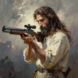 yoji shinkawa painting of a stylish sniper jesus