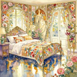 a beautifull intricate watercolor painting of a bedroom with flowers, reflexions, verry high details, colorfull, by william turner art, by greg rutkowski, by alphonse mucha, by james jean, by rossdraws, by frank franzzeta, by sakimichan, trending on artstation, very very detailed, masterpiece,
