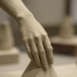 photo of a beautiful clay sculpture of a woman's elegant hand, hyperreal, bokeh
