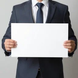 a man wearing suite holding sign in his hands