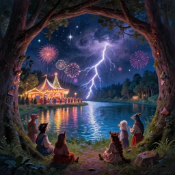 closeup of a night carnival inside a tree cavity, a magical in a summer storm with a music scenario with many fireworks and christmas lights, next to a lake with iridiscent lake water, volumetric lightning, folklore people disguised with fantastic creatures in a magical forest by summer night, masterpiece painted fantasy art, scene by dark night environment, refraction lights, five star stories