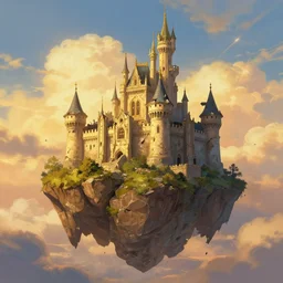 | type : illustration | style : fantasy, detailed, digital art | subject : a crumbling castle on a floating boulder | colors : gold and blue and green | scene : sky full of clouds during sunset | subject description : old and beautiful decaying castle | lighting : golden sunset | emotion : warm, peaceful | params :