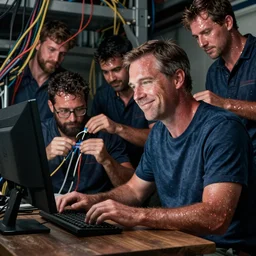 pete buttigieg using a computer and looking smug while sweaty men try to patch network cables in the background
