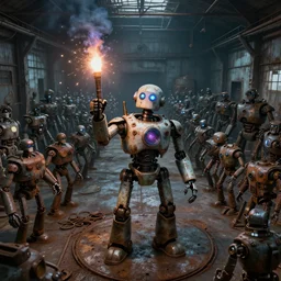 a deranged robot holding a welding torch triumphantly, standing in front of hundreds of robots inside a huge rusty dingy warehouse, raygun gothic, atomic punk, digital art, detailed octane render, high angle