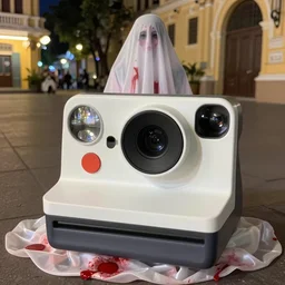 1 9 9 5, disposable polaroid camera, flash at night, pov, saigon street square, female : creature, ghost draped in bloody white dress