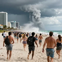 people on miami beach fleeing after watching tsunami coming at them, hyperdetailed, artstation, cgsociety, 8 k
