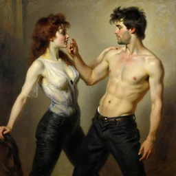 attractive 2 1 savage shirtless but wearing pants flirting with his attractive mistress. the mistress is also flirting back, the mistress is also wearing pants highly detailed painting by gaston bussiere, craig mullins, j. c. leyendecker