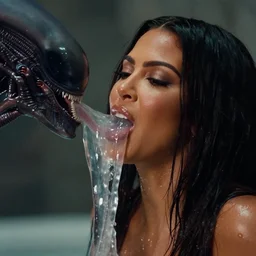 film still of kim kardashian swallowed being ingested by an xenomorph, alien goo, transparent goo, transparent liquid, saliva, 8 k