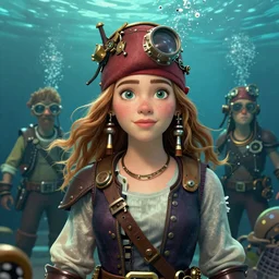 lofi underwater steampunk pirate portrait of emma stone, pixar style, by tristan eaton stanley artgerm and tom bagshaw.