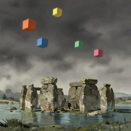 a realistic cell - shaded studio ghibli concept art from paprika ( 2 0 0 6 ) with very dull muted colors. colored cubes fly over a flooded monument valley stonehenge on a misty and starry night, hd, 4 k, hq
