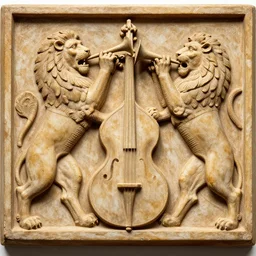 a persian bassrelief of lions playing trombones, in elminino style