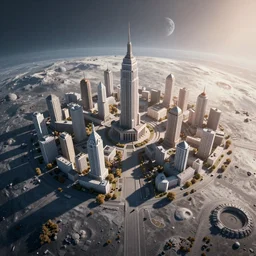 a dream Soviet Socialist city on the moon bird’s eye view, sunrise, long shadows, trending on Unreal Engine 5, photorealistic, stunning, award winning photo