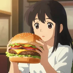 art, anime anime anime, anime girl holding a mile high cheese burger, a giant cheeseburger with many layers, volumetric lighting, by makoto shinkai