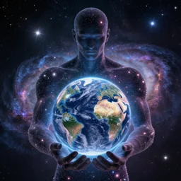 a large humanoid being made of stars and galaxies, holding the world in his hand