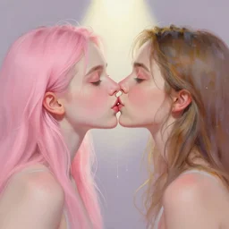 portrait of two beautiful girls kissing, intimate, pastel shades of pink, beautiful face, rule of thirds, spotlight, drips of paint, by greg rutkowski, by jeremy mann, by francoise nielly, by van gogh, digital painting