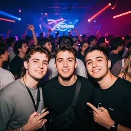 in the front 3 friends partying facing the camera, body forward, in the back a huge crowd and neon light, abstract