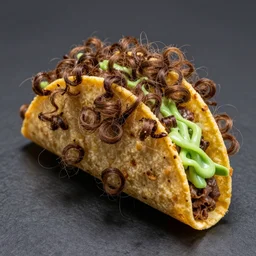 a taco bell taco growing hair, covered in thick curly brown hair