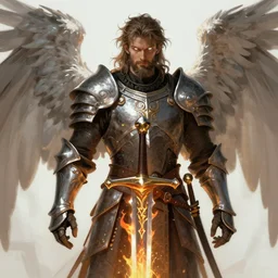 A Human Male Paladin holding a flaming sword, shaggy hair, scruffy beard, glowing white eyes, medium armor, wings, fantasy, intricate, elegant, highly detailed, digital painting, artstation, concept art, smooth, sharp focus, illustration, art by Krenz Cushart and Artem Demura and alphonse mucha